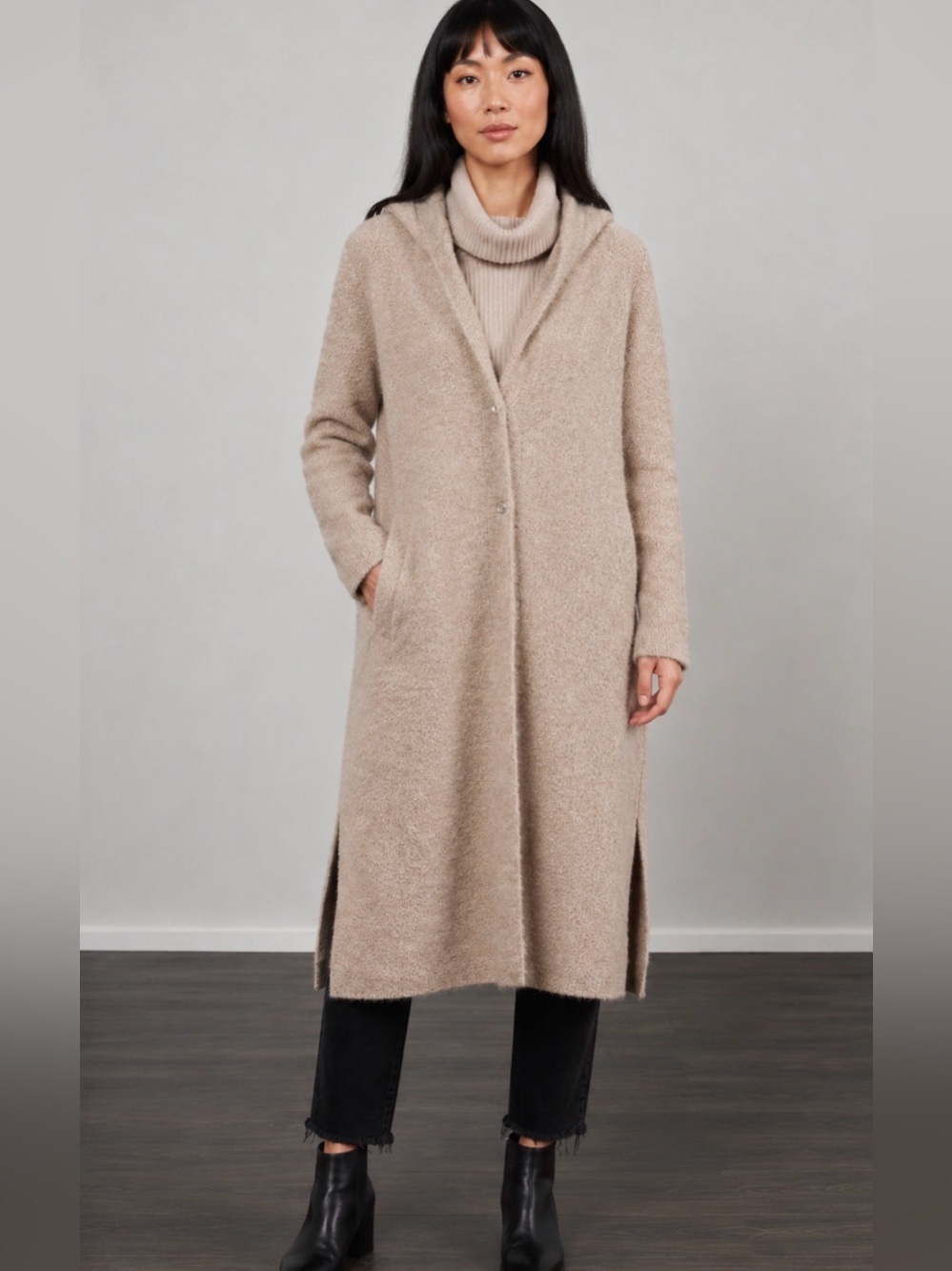 C.T. Plage Alpaca Beige Boucle Longline Duster Sweater Cardigan Hooded Size 6 S
